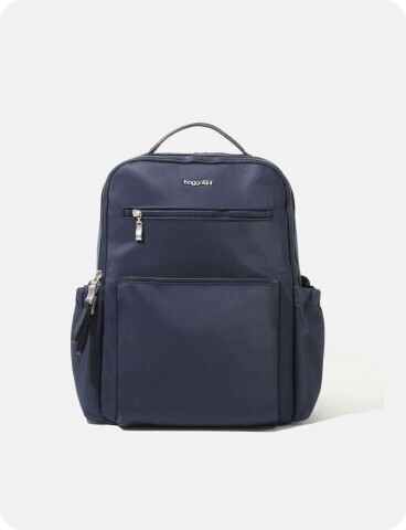 A navy blue backpack with a front zipper pocket, side pockets, and a top handle, displayed against a plain light background.